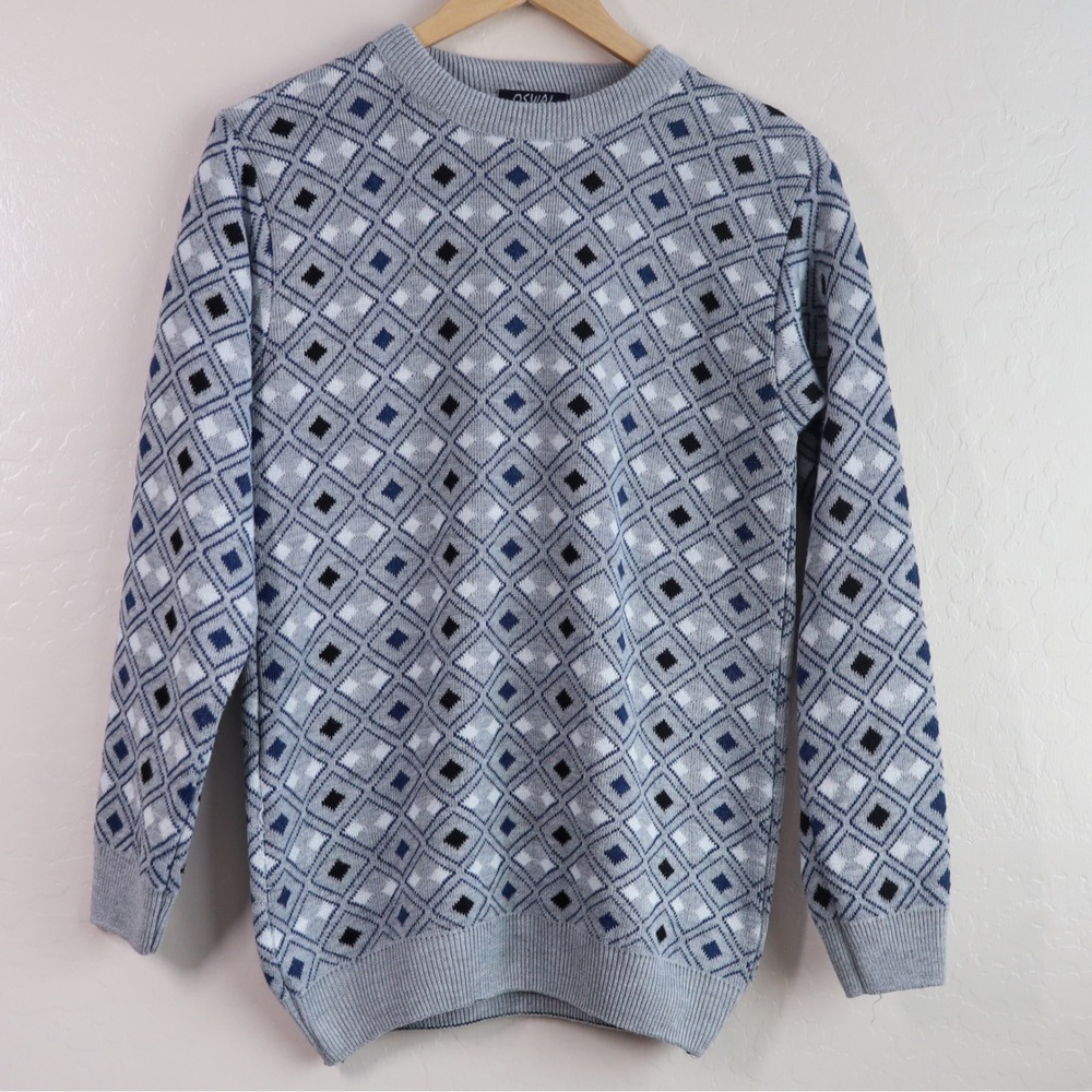 Vintage Grandpa Sweater Oswal by Hindo Knitwear Geometric Diamond Pattern Gray S